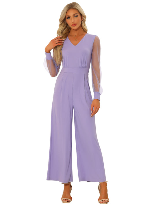 Women's Elegant V Neck Mesh Long Sleeve Loose Wide Leg Romper Cocktail Jumpsuits