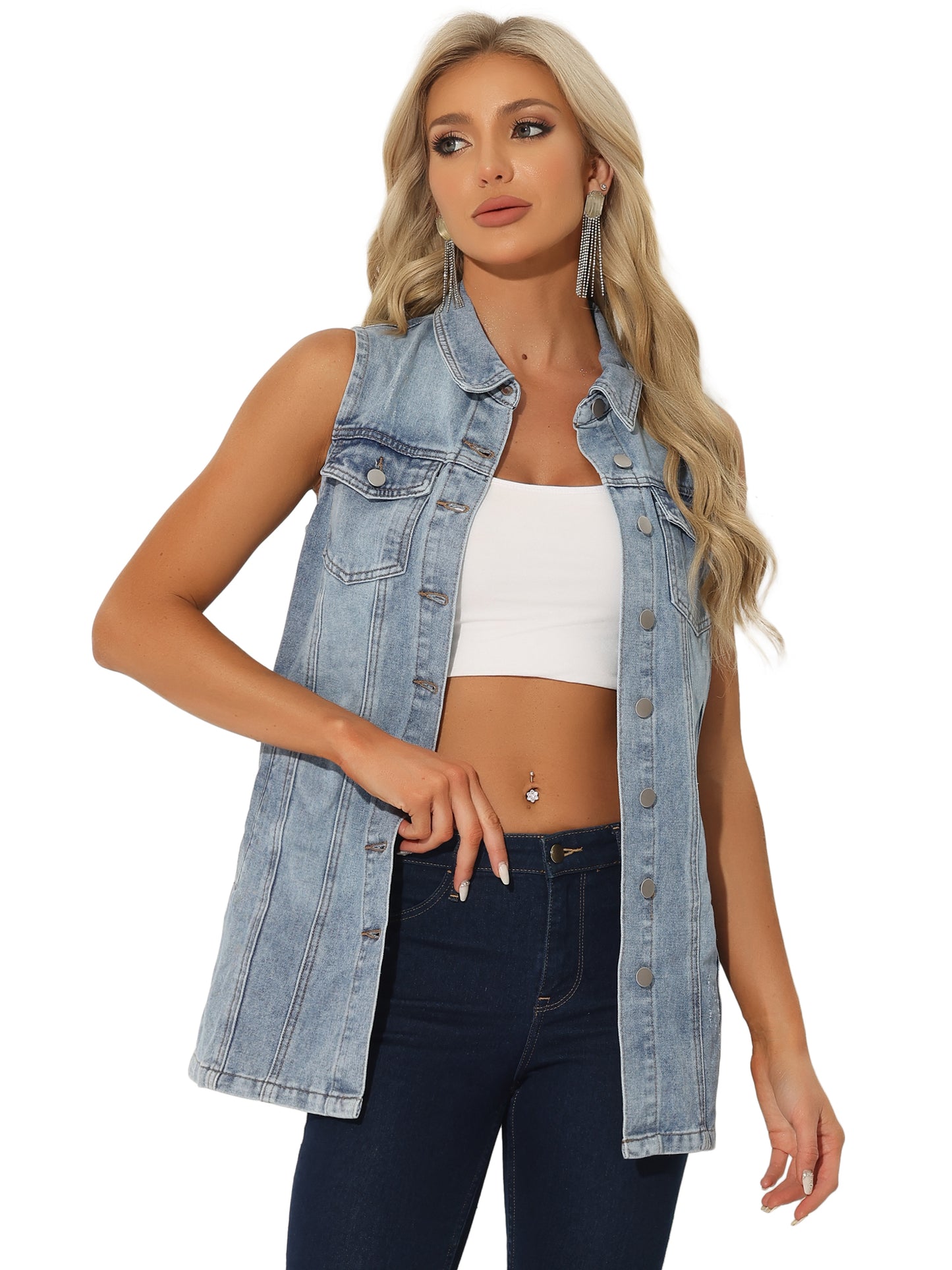 Women's Sleeveless Button Down Waistcoat Casual Long Denim Vest (Available in Plus Size)