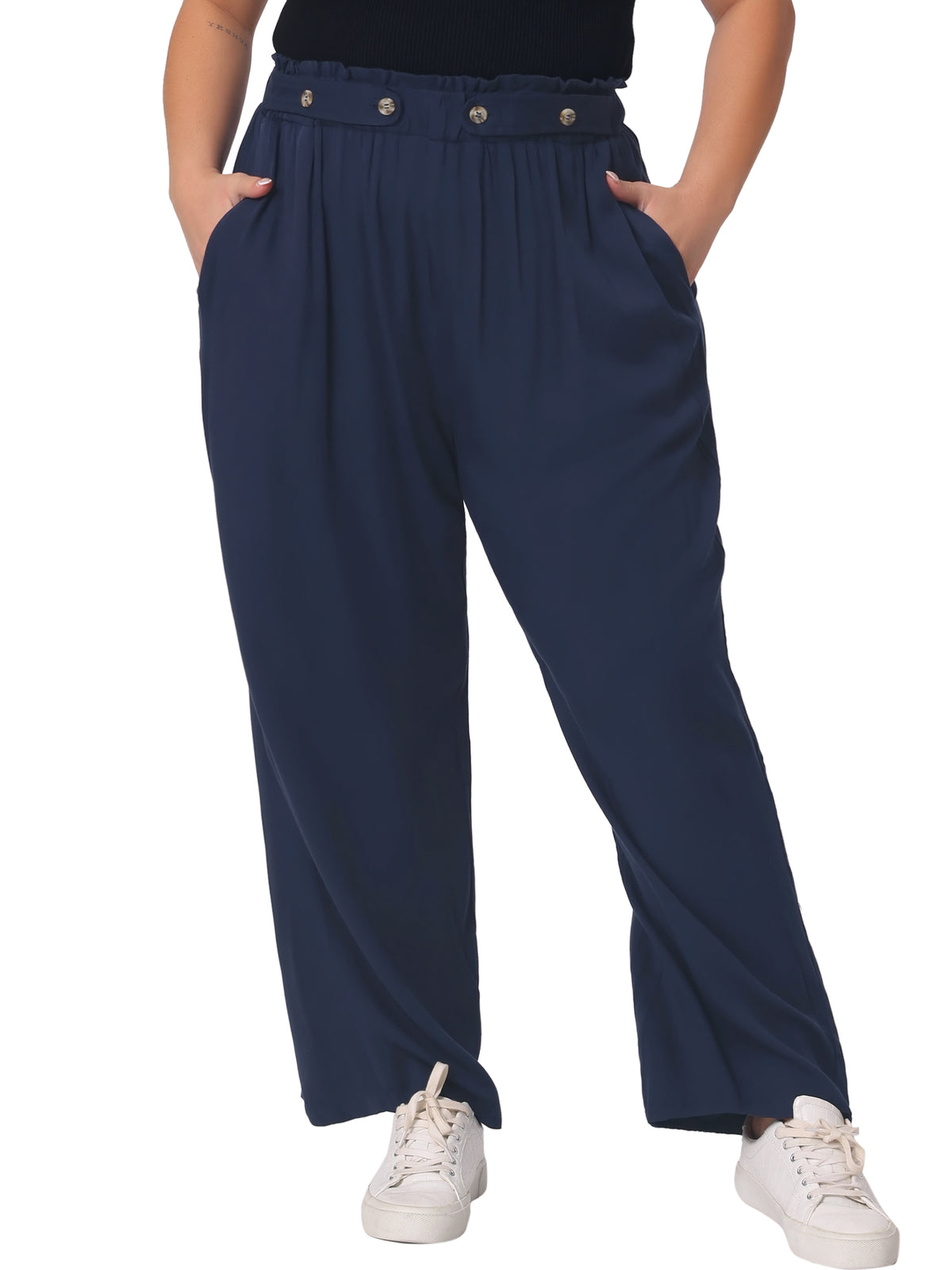 Women Plus Size Stretchy High Waisted With Pocket Wide Leg Long Palazzo Pants