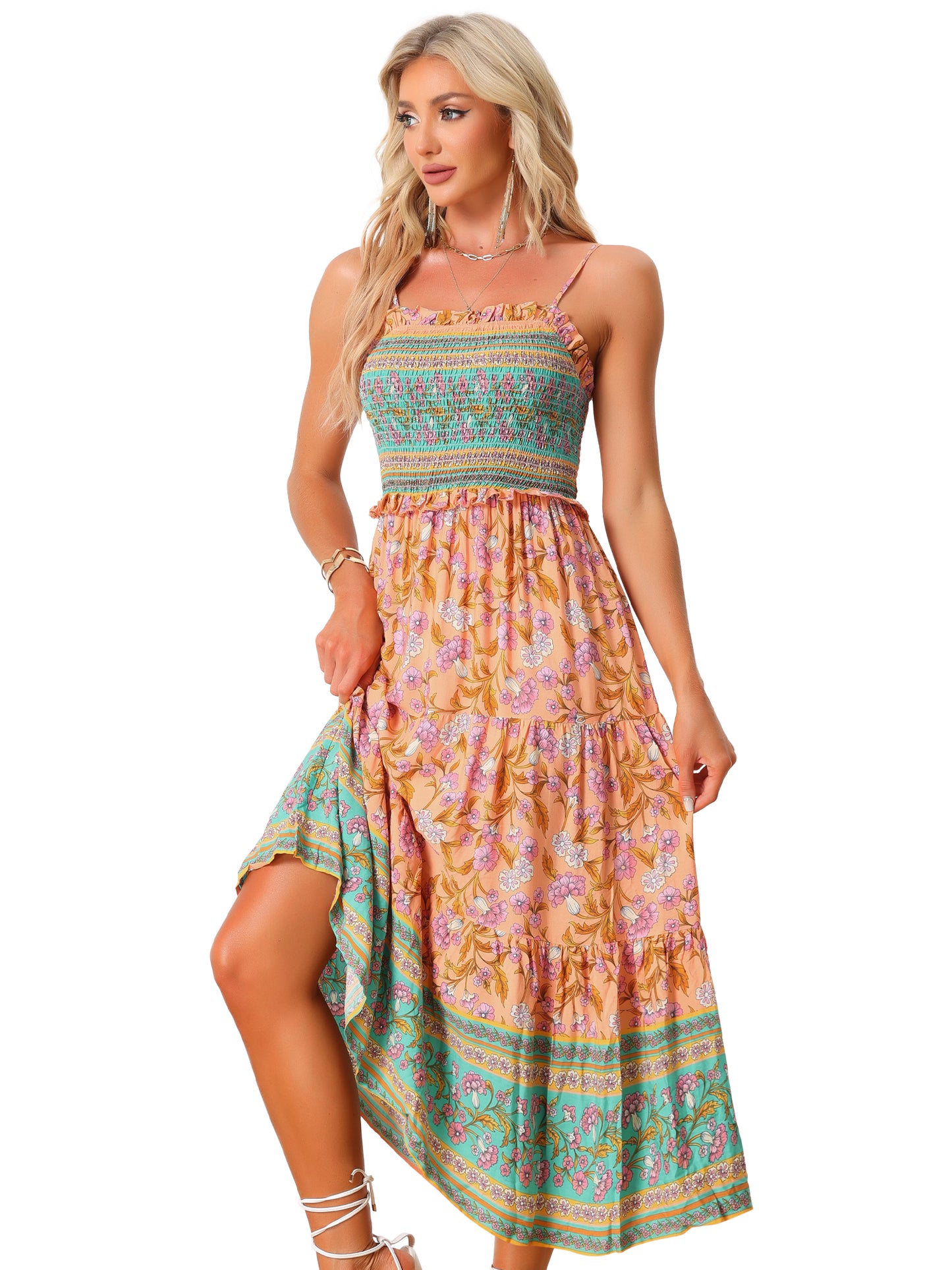 Women's Boho Floral Dress Spaghetti Strap Flowy Smocked Tiered Maxi Dresses
