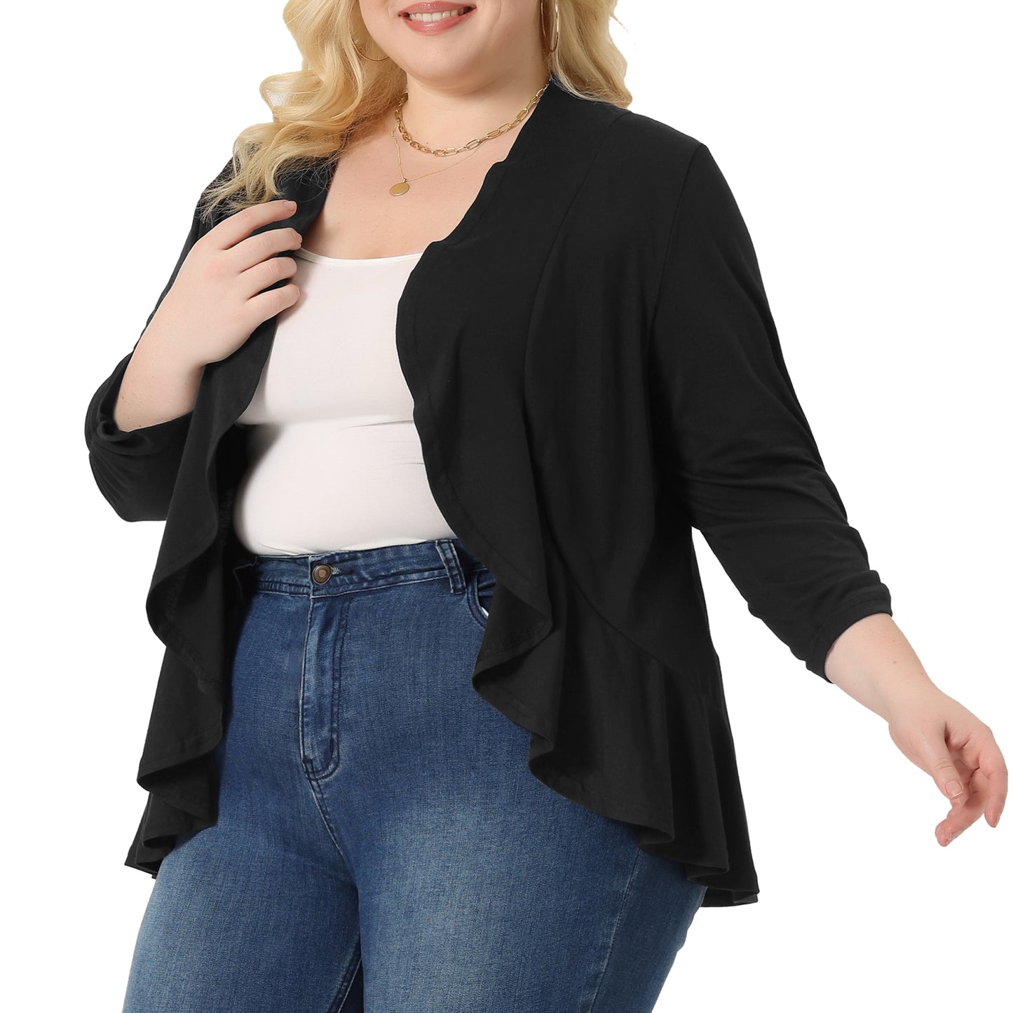 Women Plus Size Cardigan 3/4 Sleeve Open Front Cropped Shrug Bolero Jacket