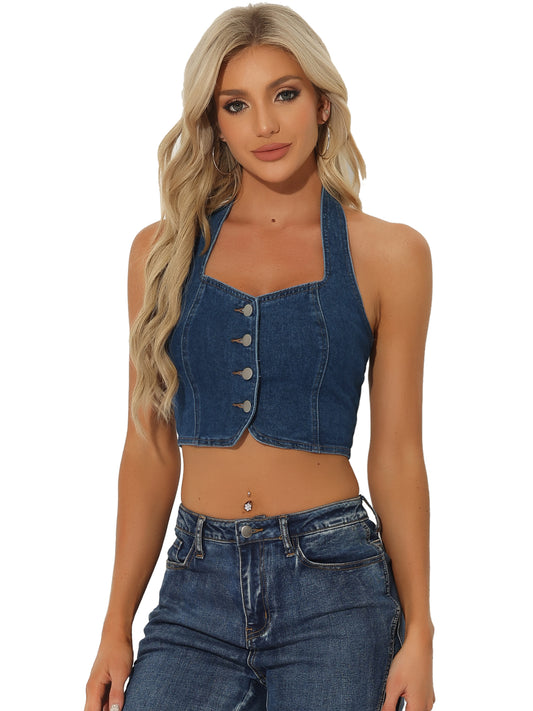 Women's Denim Crop Top Sleeveless Button Front Halter Backless Jean Tank Top
