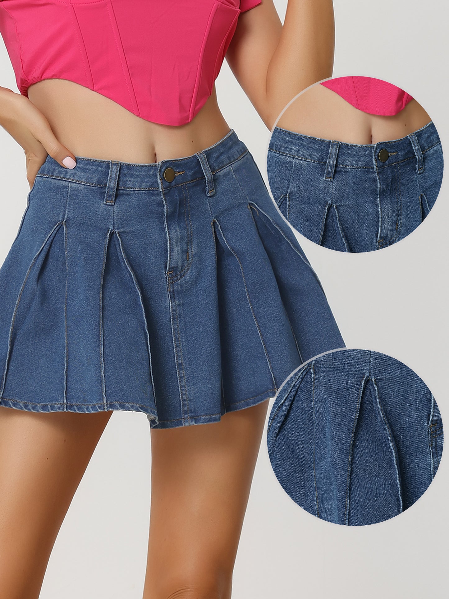 Women's Pleated Denim Skirt Casual A-Line High Waist Short Mini Jean Skirts