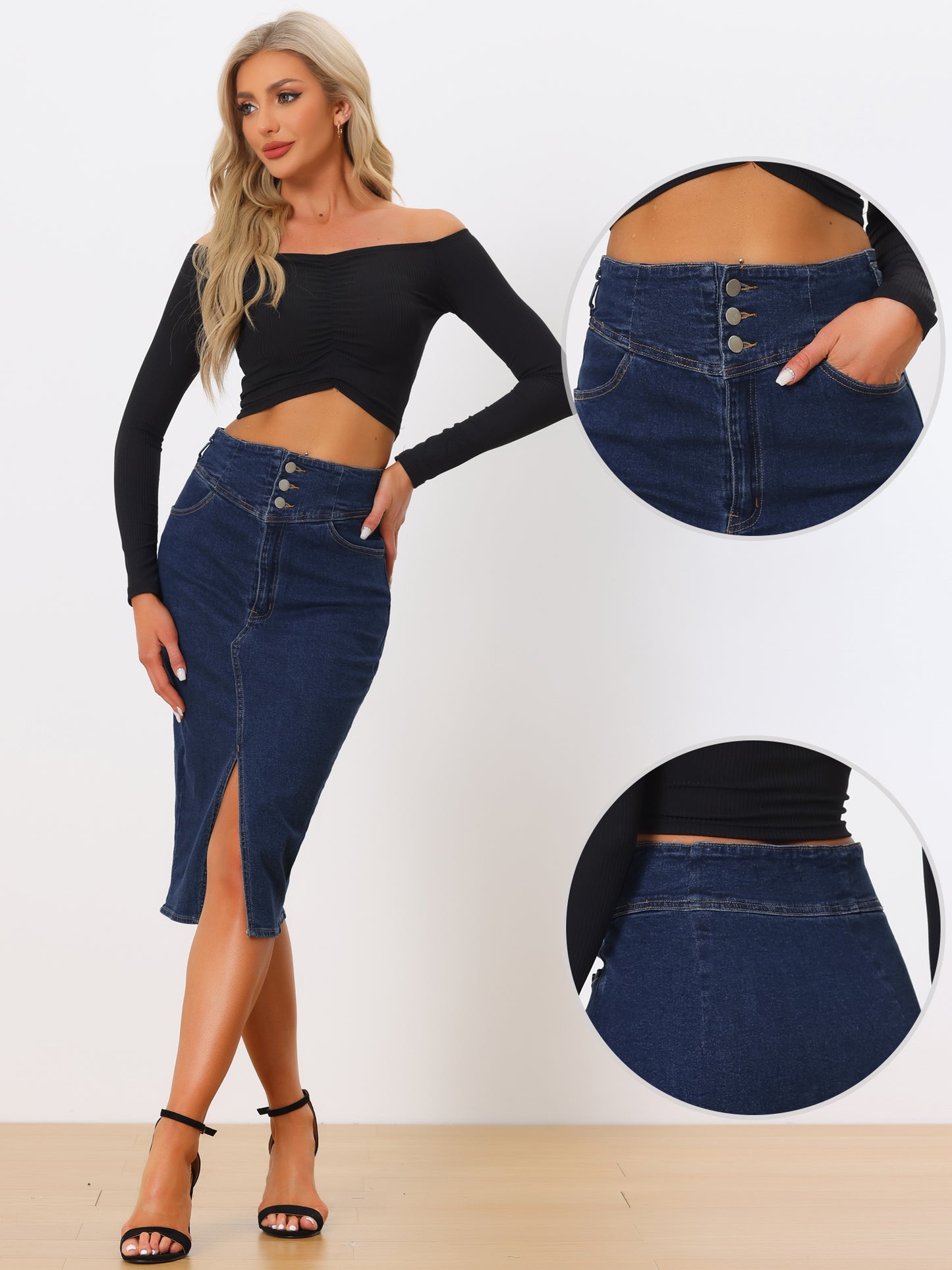 Women's Casual Denim Skirt High Waist Split Hem Pencil Jean Midi Skirt