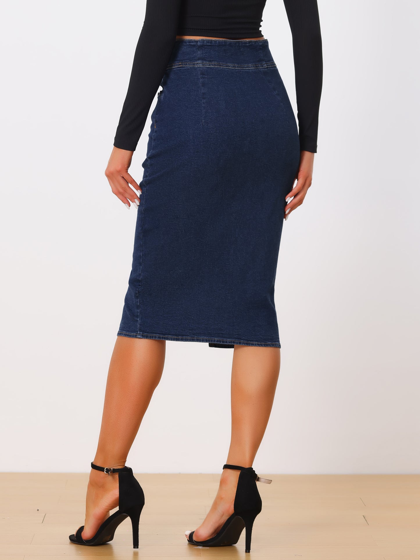 Women's Casual Denim Skirt High Waist Split Hem Pencil Jean Midi Skirt