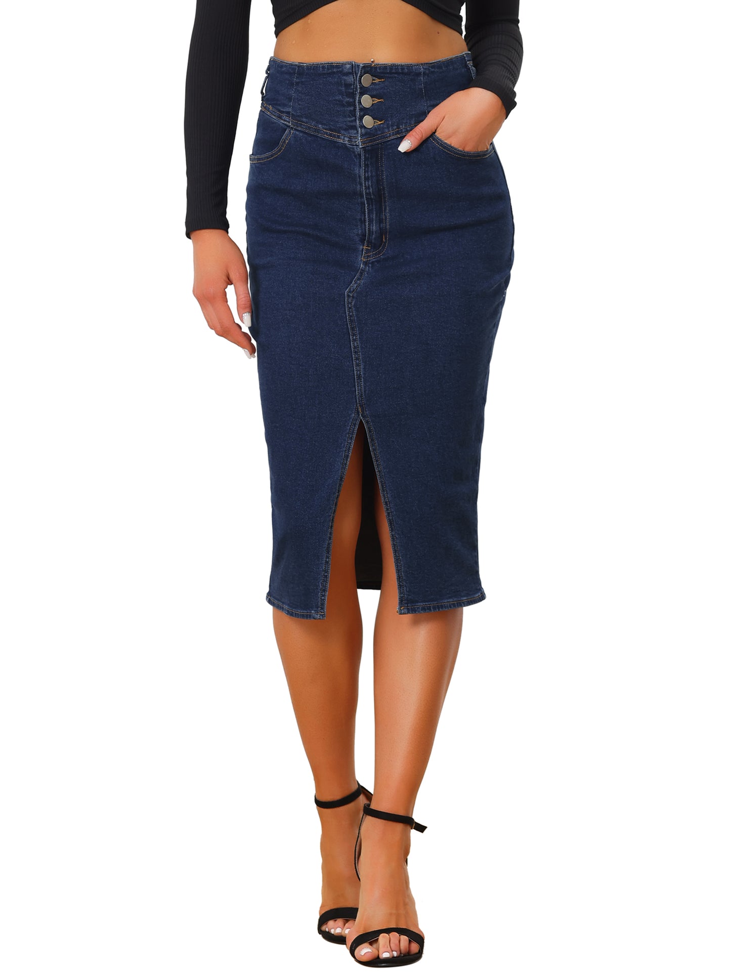 Women's Casual Denim Skirt High Waist Split Hem Pencil Jean Midi Skirt