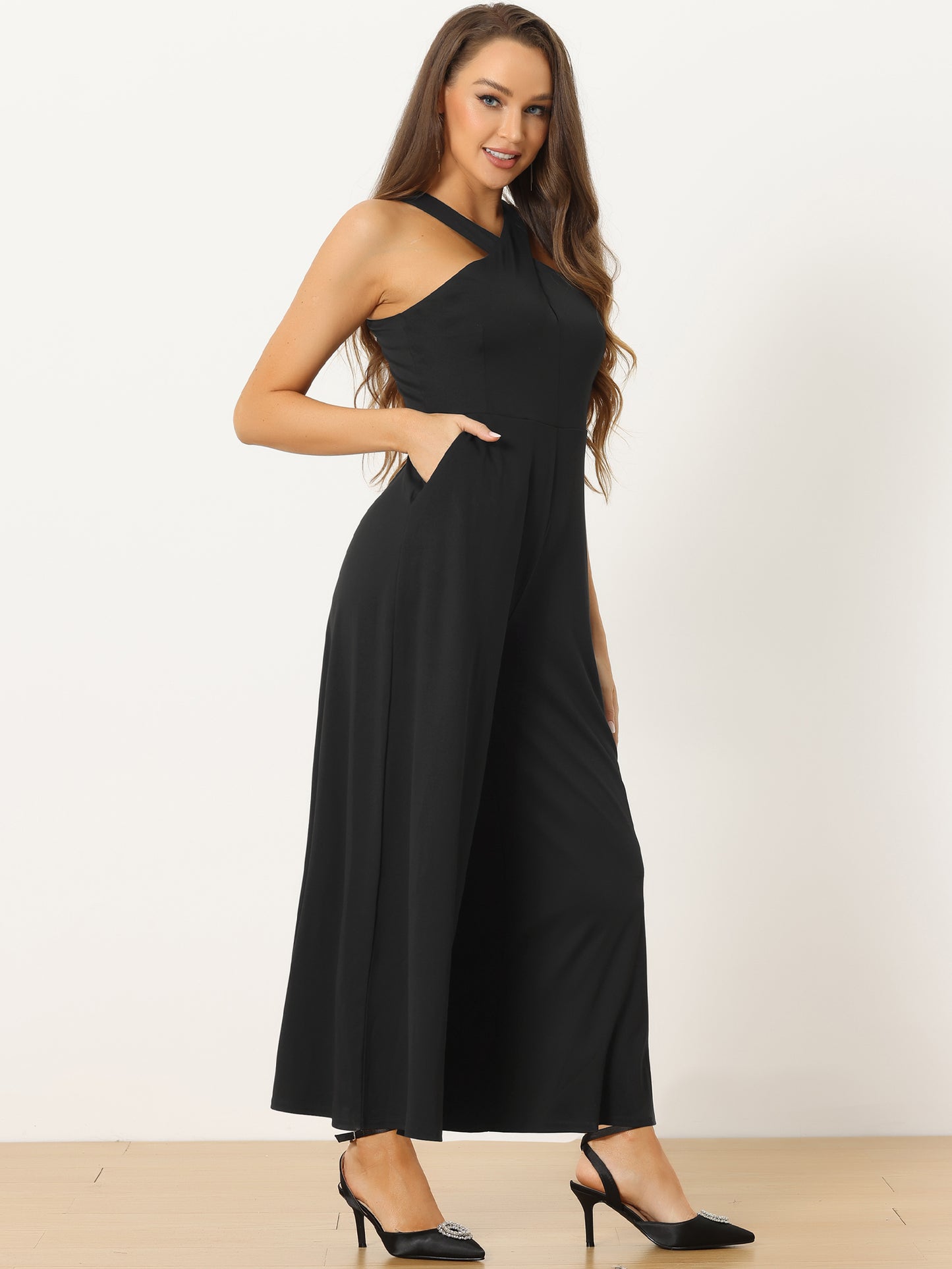 Women's Cross Neck Jumpsuits Full Length Wide Leg Sleeveless Cocktail Romper