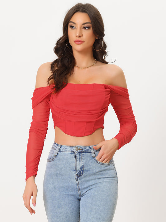Women's Mesh Sheer Long Sleeve Corset Crop Top Ruched Off Shoulder Blouse Push Up Party Boned Bustier