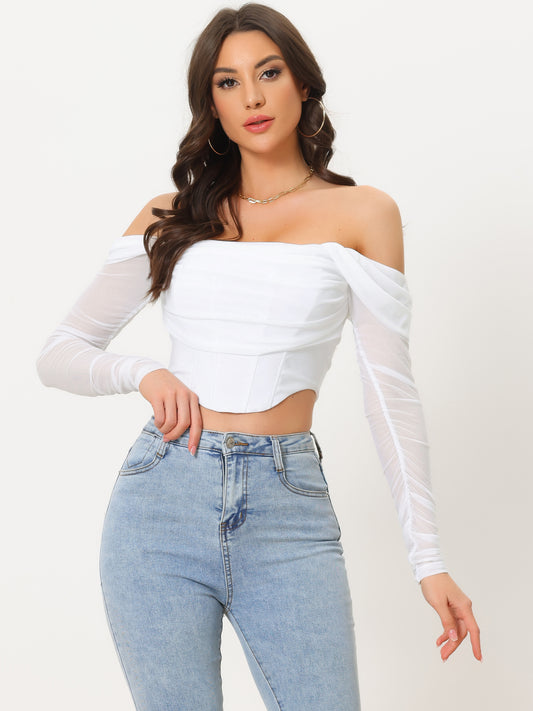 Women's Mesh Sheer Long Sleeve Corset Crop Top Ruched Off Shoulder Blouse Push Up Party Boned Bustier