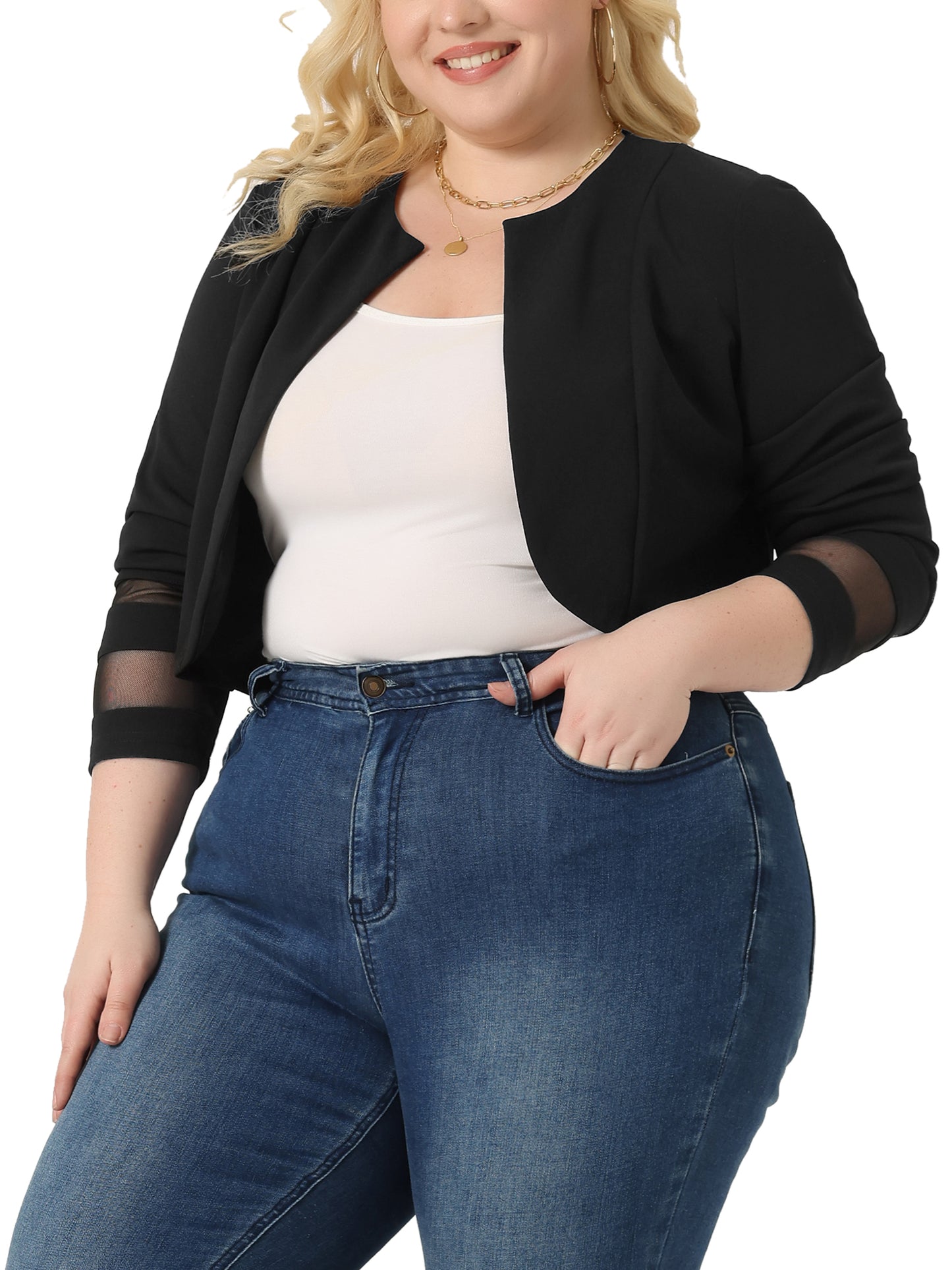 Women Plus Size Blazer Jacket Mesh Long Sleeve Open Front Cropped Shrug Bolero Cardigan