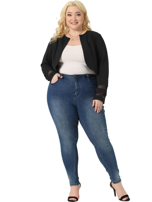 Women Plus Size Blazer Jacket Mesh Long Sleeve Open Front Cropped Shrug Bolero Cardigan