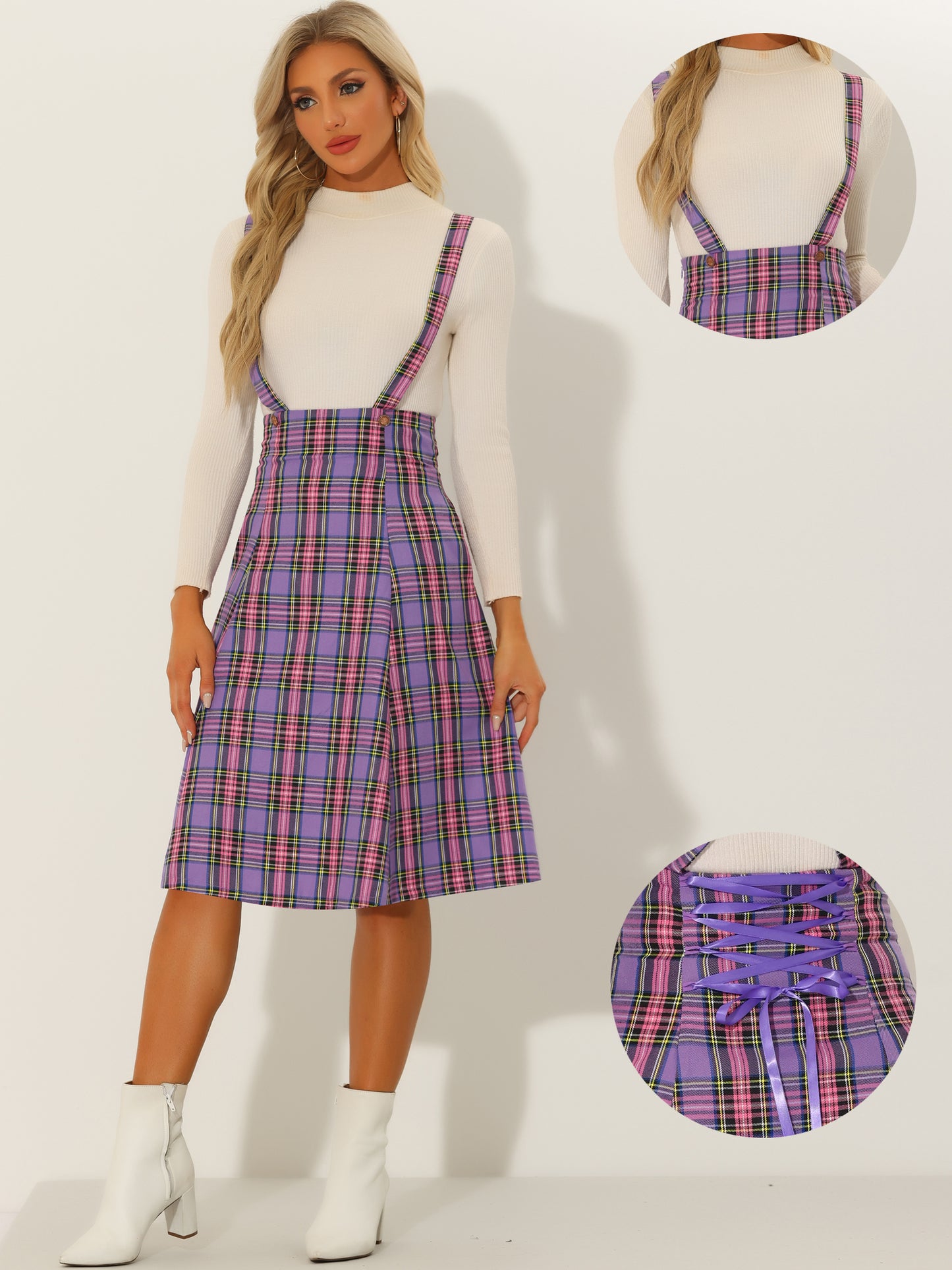 Women's Overall Dress Tartan Plaid Pinafore Suspender Skirt