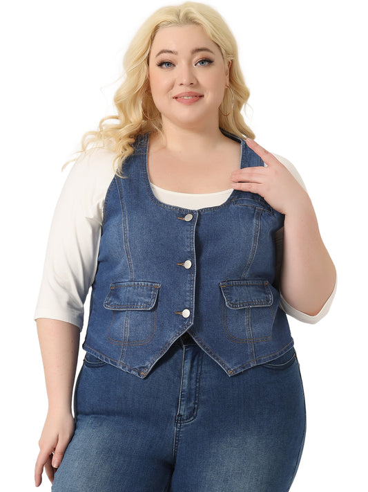 Chaqueta vaquera sin mangas de talla grande para mujer, chaleco vaquero ligero con botones y corte entallado.