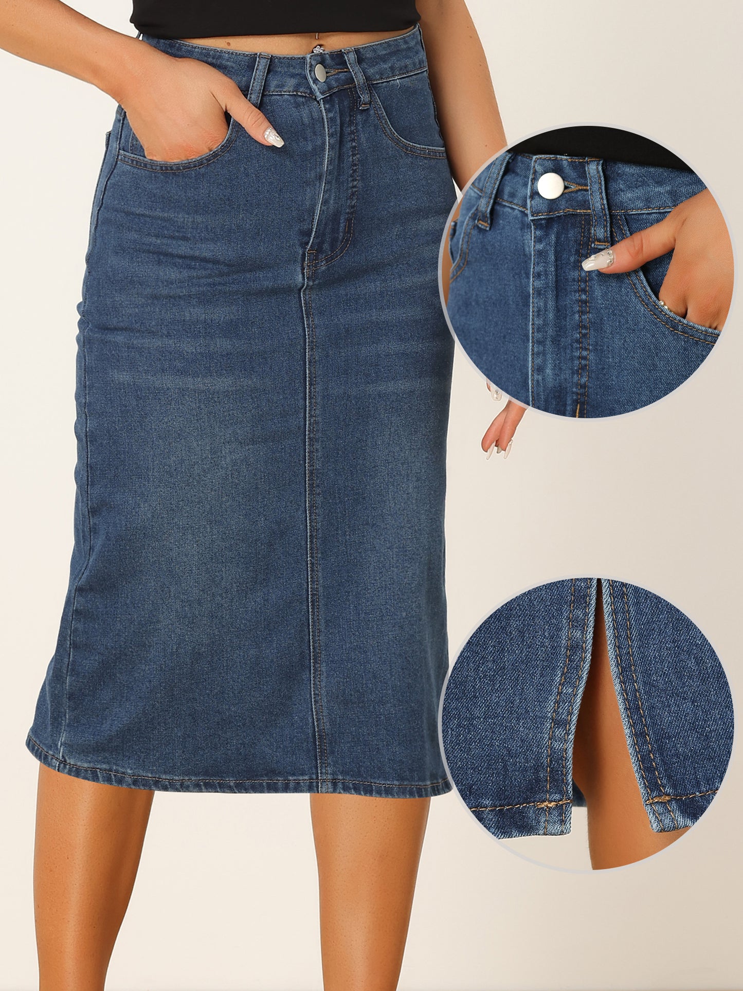 Women's Casual Denim Skirt High Waist Split Back Pockets Midi Jean Skirt