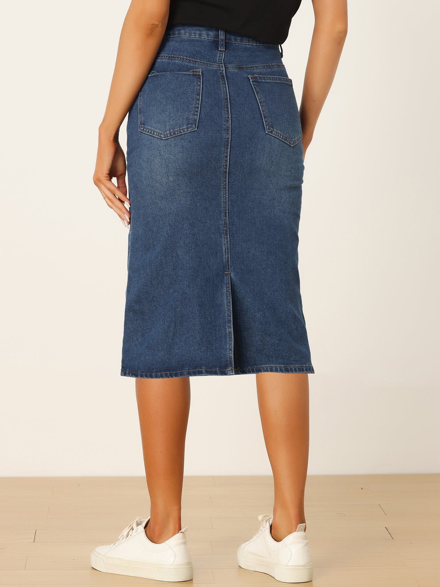 Women's Casual Denim Skirt High Waist Split Back Pockets Midi Jean Skirt