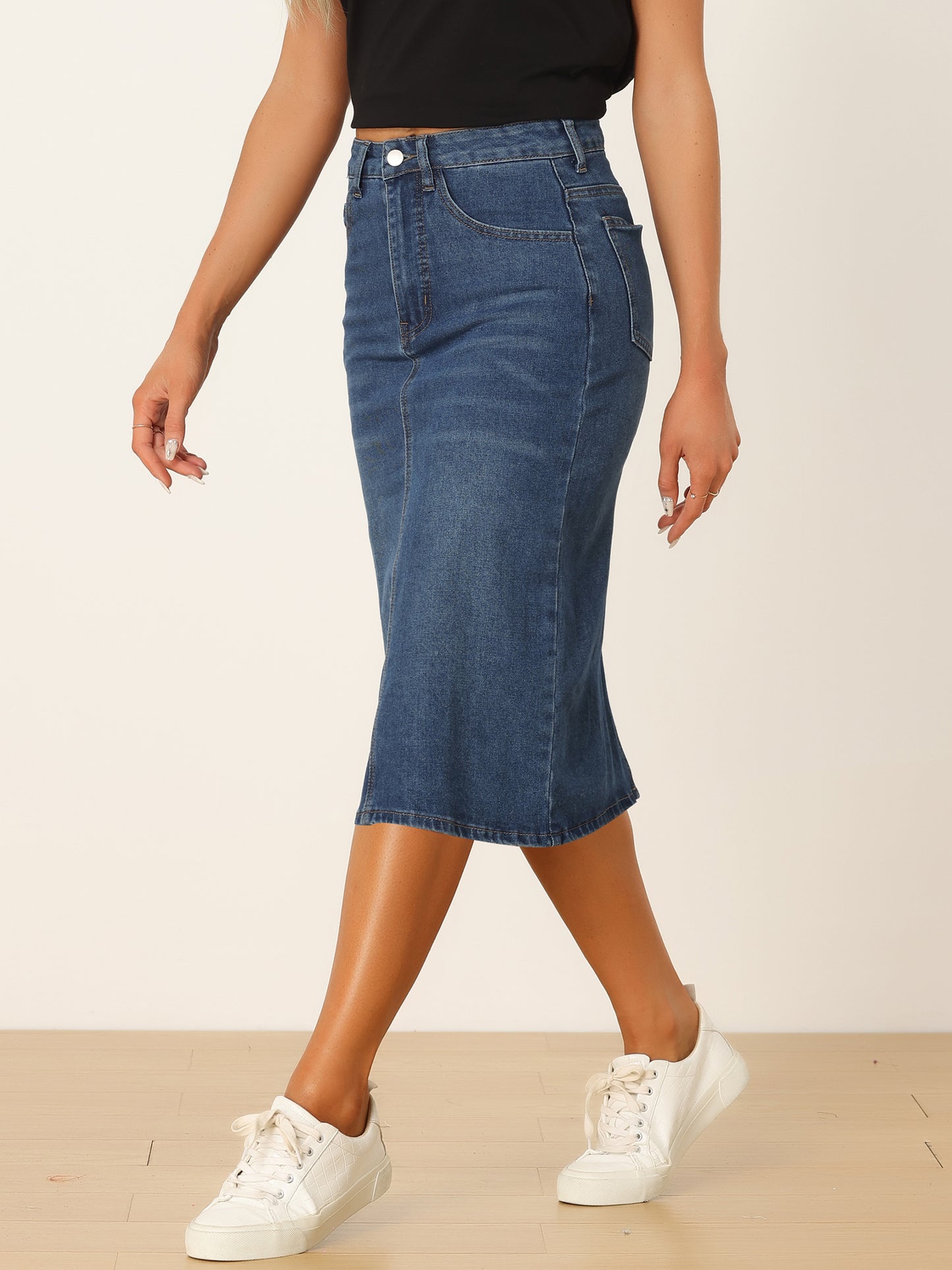 Women's Casual Denim Skirt High Waist Split Back Pockets Midi Jean Skirt