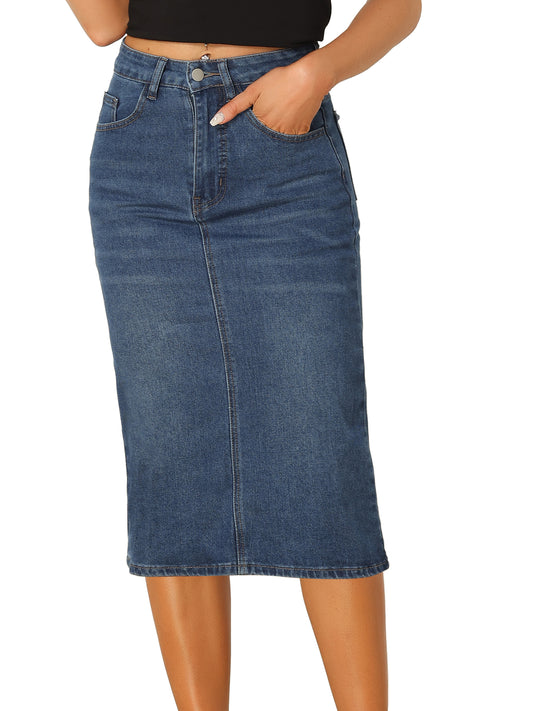 Women's Casual Denim Skirt High Waist Split Back Pockets Midi Jean Skirt