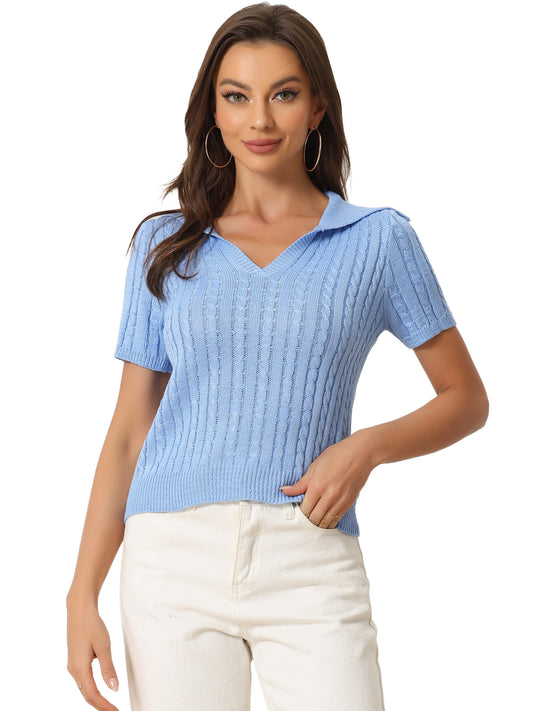 Women's Crop Top Sweater Collared Ribbed Top V Neck Short Sleeve Cable Knit Polo Sweater