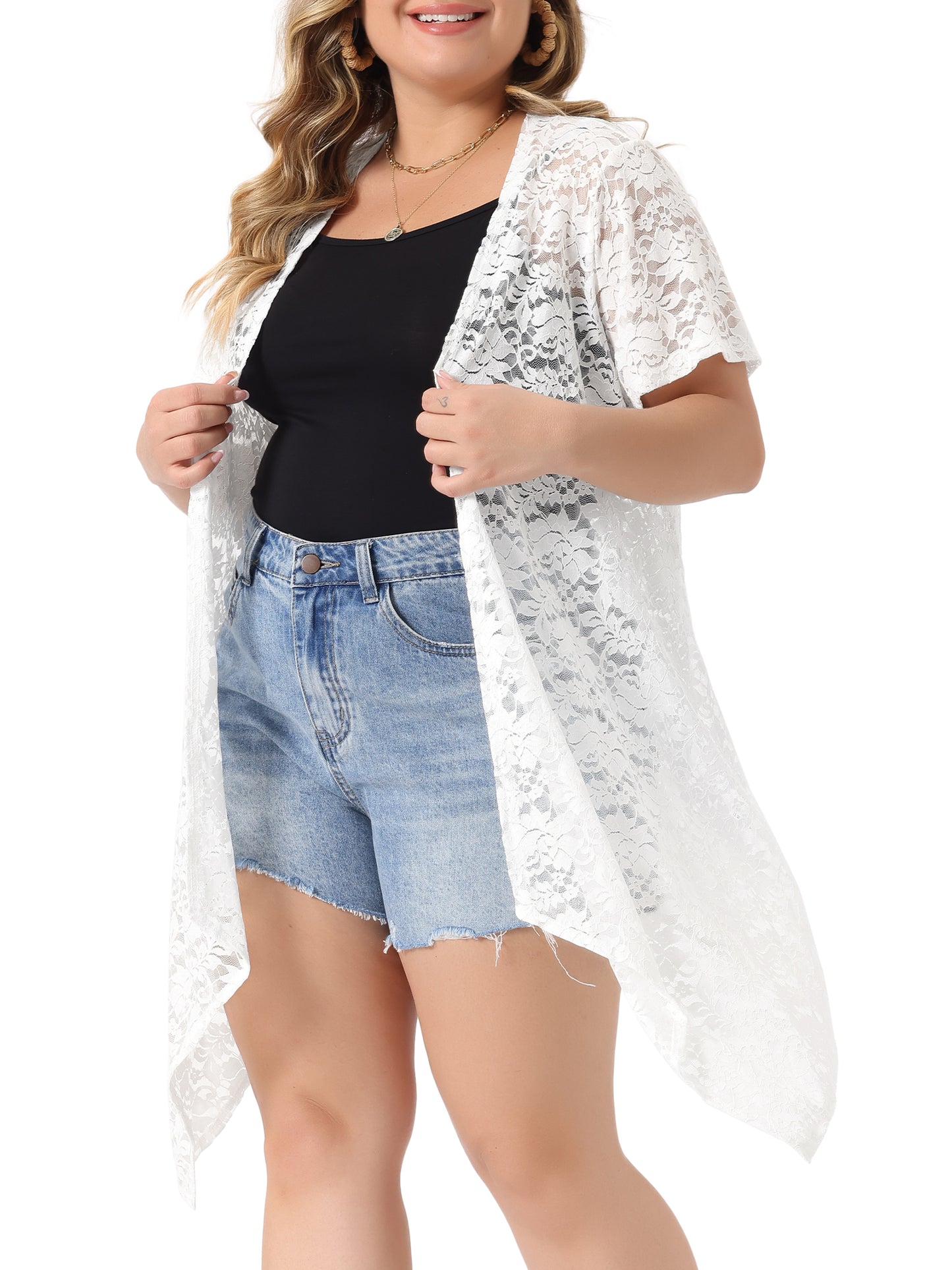 Women Plus Size Lace Crochet Cardigan Open Front Short Sleeves Sheer Cover Up Jacket