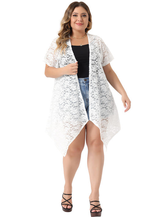 Women Plus Size Lace Crochet Cardigan Open Front Short Sleeves Sheer Cover Up Jacket