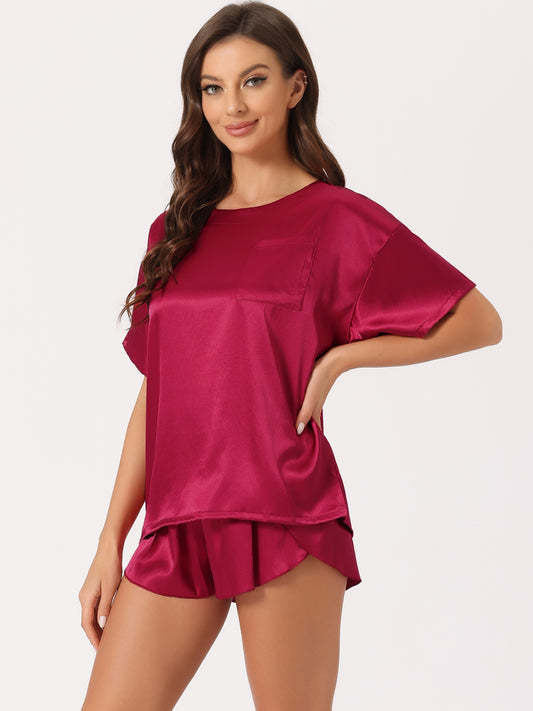 Pijama de satén para mujer, conjunto de camiseta de manga corta con pantalones cortos para primavera y verano