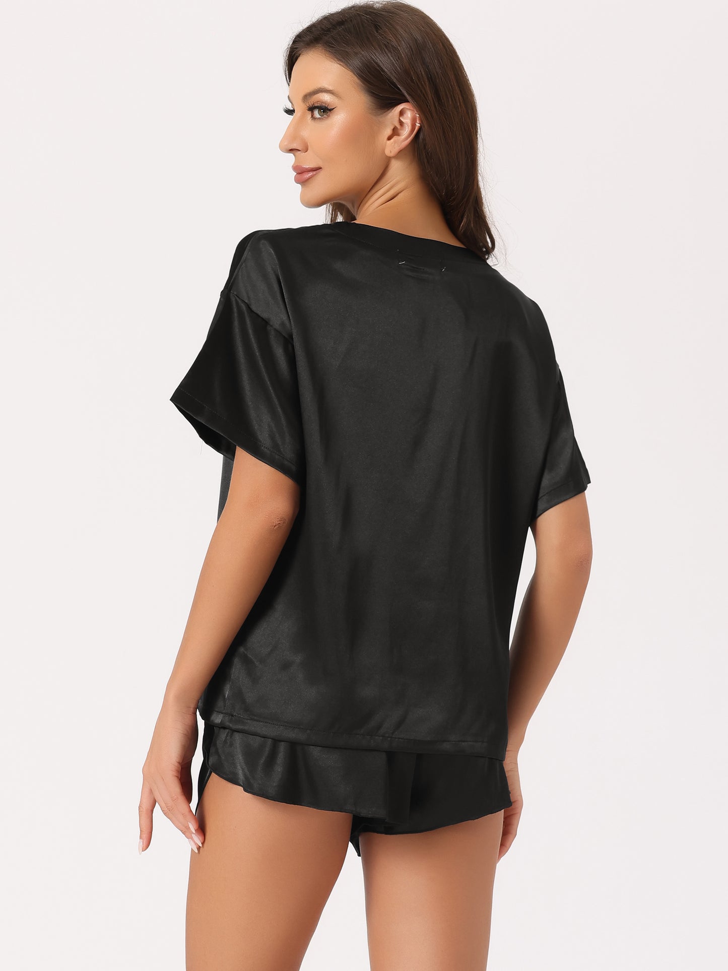 Pyjama en satin pour femme, ensemble printemps-été, pull à manches courtes, t-shirt et short
