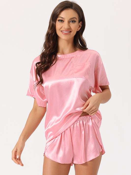 Pijama de satén para mujer, conjunto de camiseta de manga corta con pantalones cortos para primavera y verano