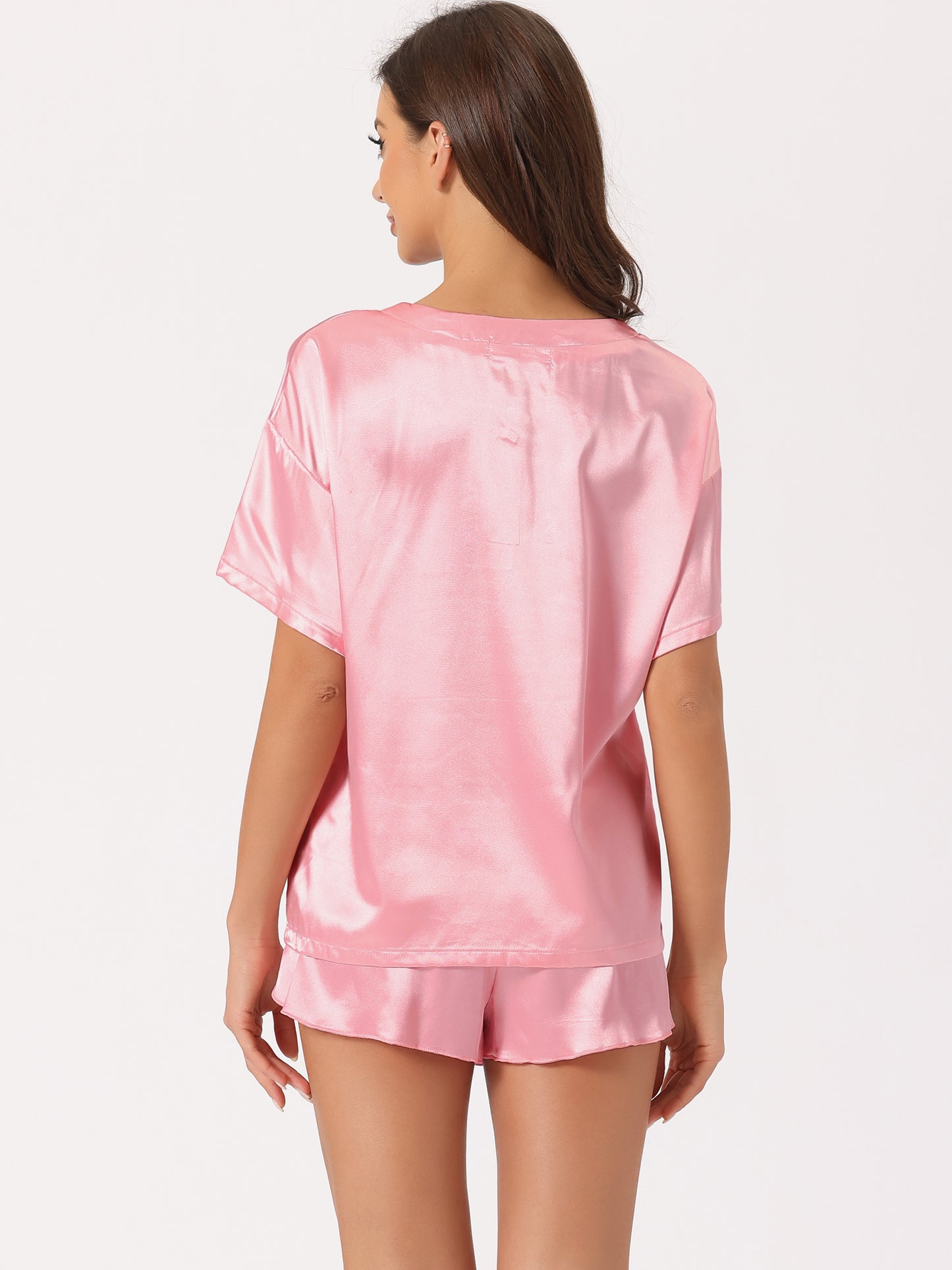 Pijama de satén para mujer, conjunto de camiseta de manga corta con pantalones cortos para primavera y verano