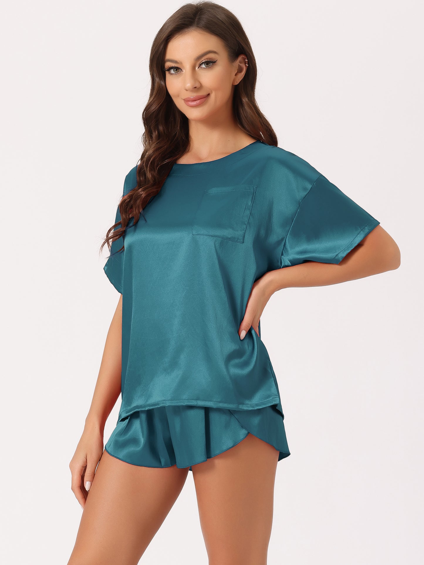 Pijama de satén para mujer, conjunto de camiseta de manga corta con pantalones cortos para primavera y verano