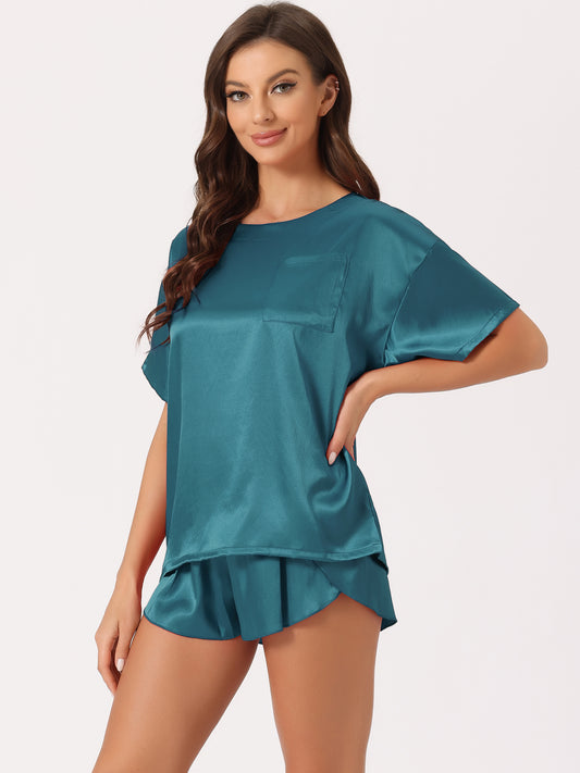 Pyjama en satin pour femme, ensemble printemps-été, pull à manches courtes, t-shirt et short