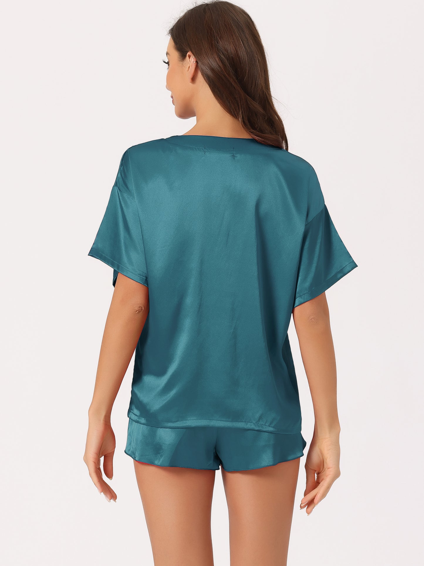 Pijama de satén para mujer, conjunto de camiseta de manga corta con pantalones cortos para primavera y verano