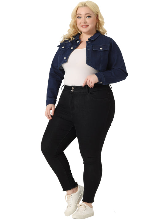 Women Plus Size Denim Jacket Long Sleeve Washed Button Jean Crop Denim Jackets