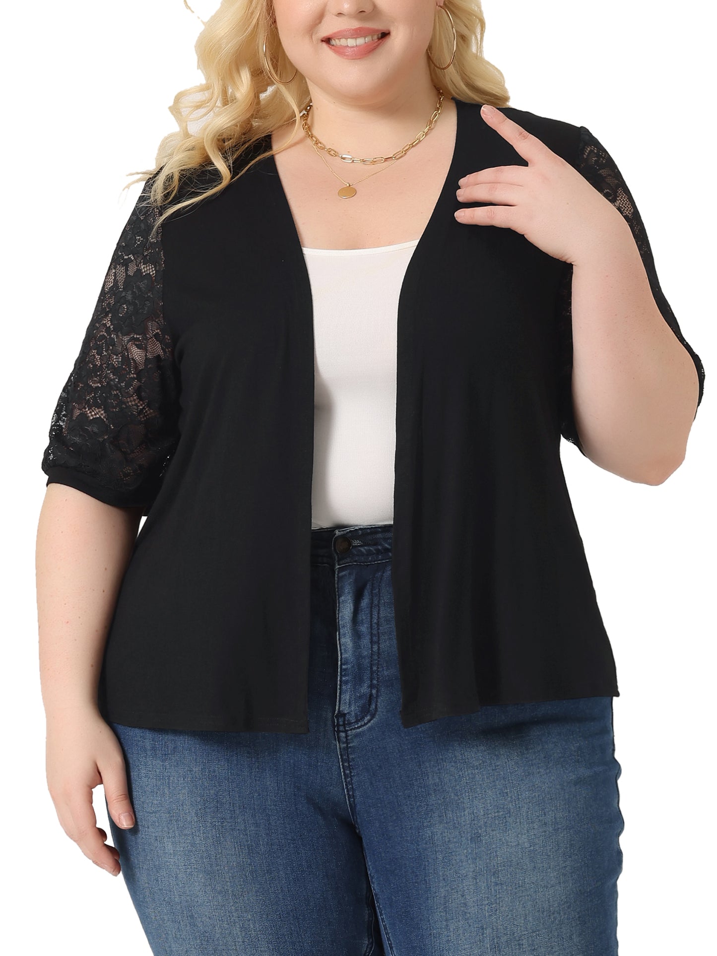 Women Plus Size Elegant Lightweight V Neck Lace Half Sleeve Casual Open Front Cardigans