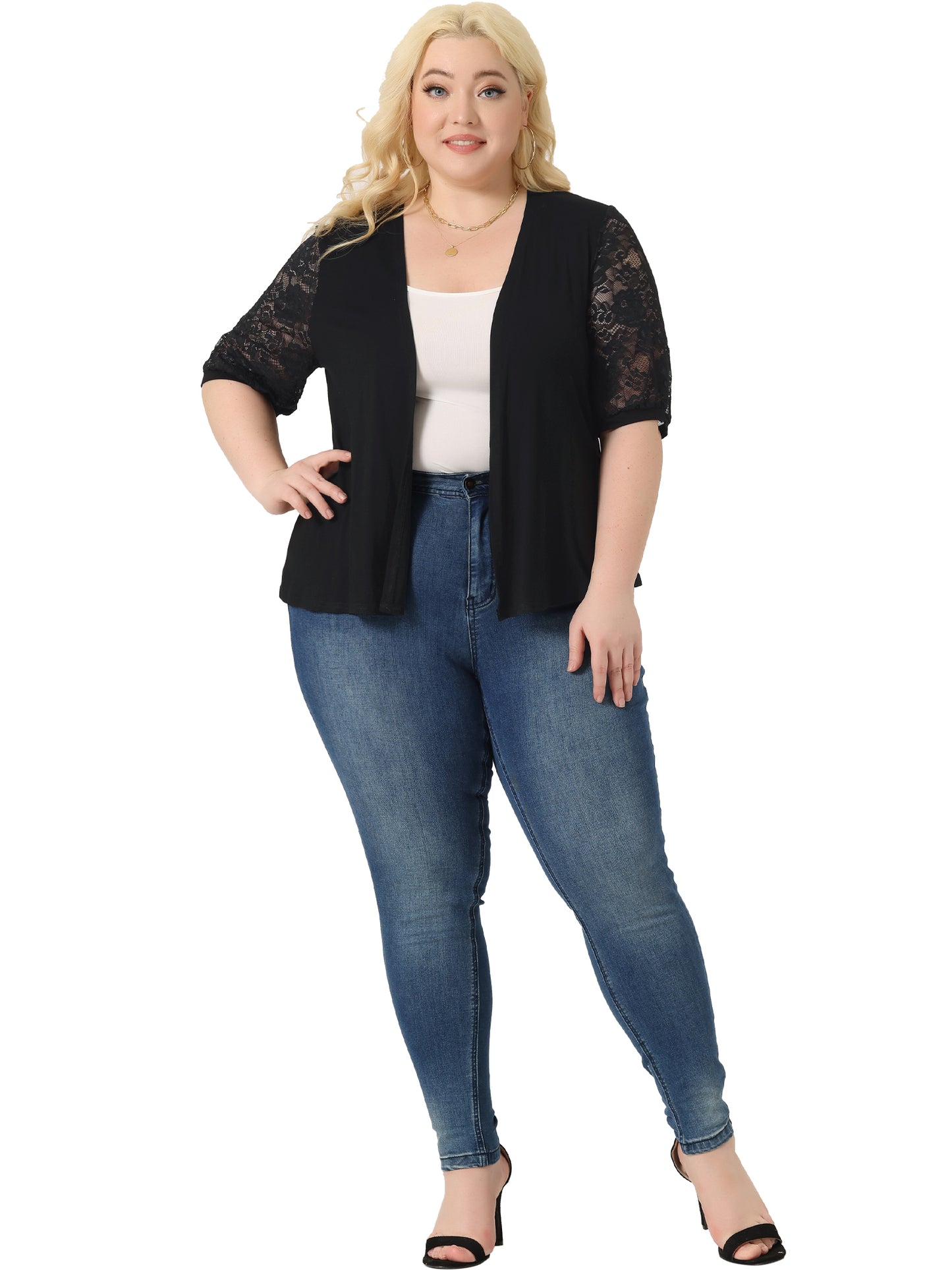 Women Plus Size Elegant Lightweight V Neck Lace Half Sleeve Casual Open Front Cardigans