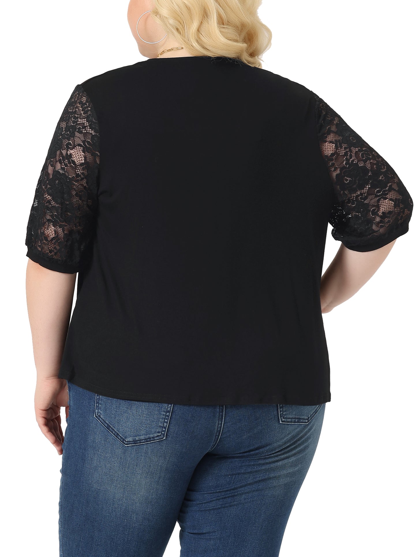 Women Plus Size Elegant Lightweight V Neck Lace Half Sleeve Casual Open Front Cardigans
