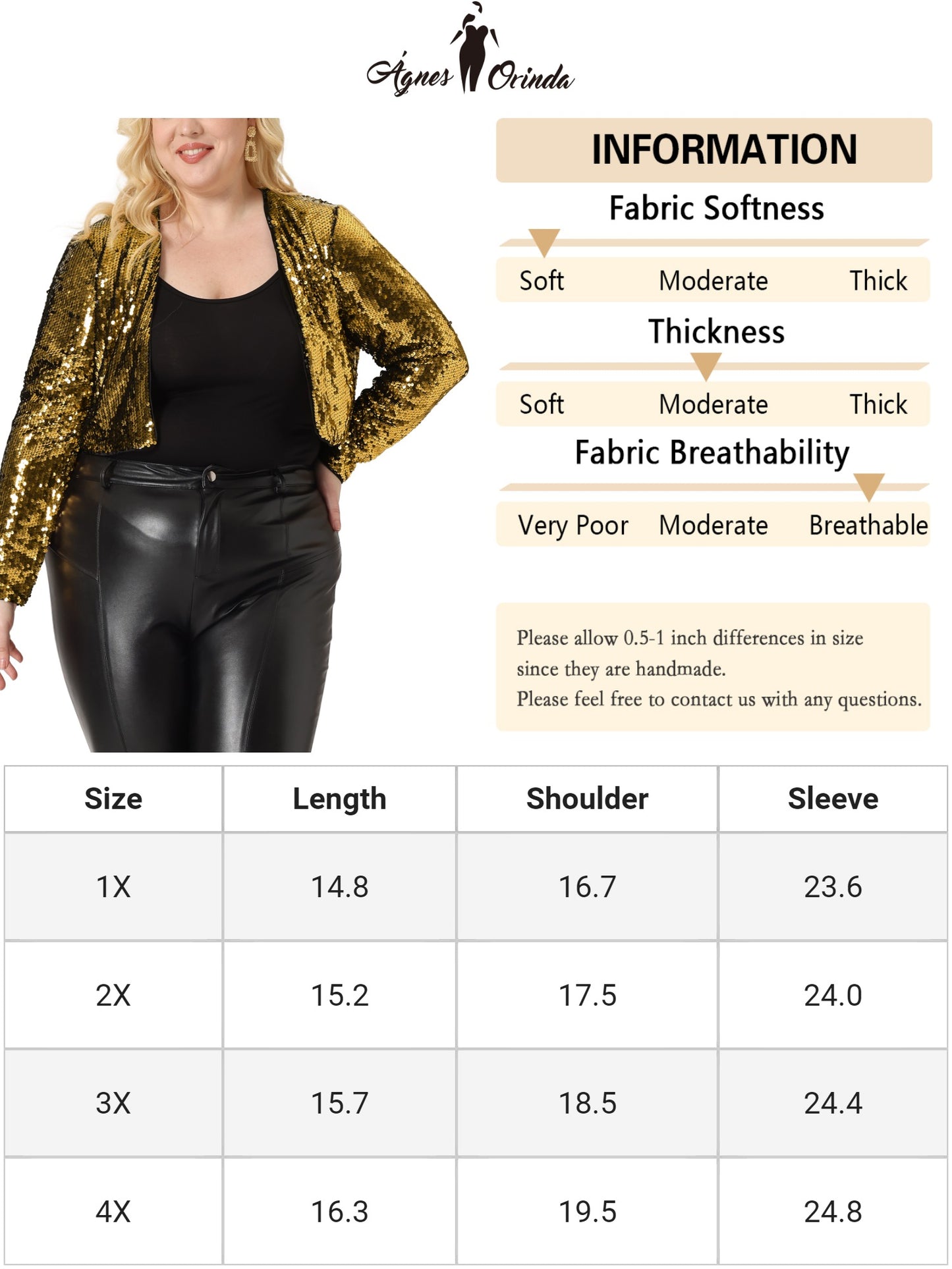 Women Plus Size Sequin Jacket Open Front Long Sleeve Party Metallic Crop Jacket