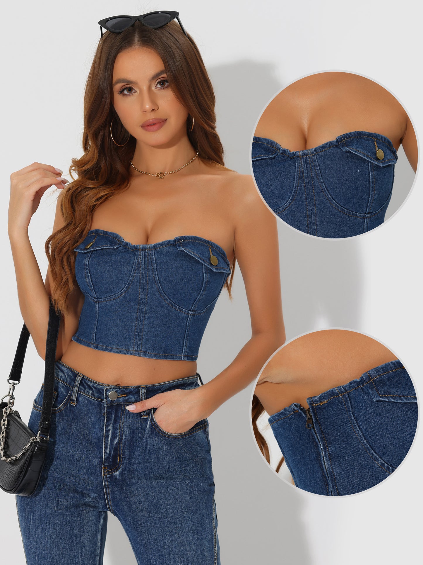 Women's Denim Button Front Smock Back Tank Cami Strapless Crop Top