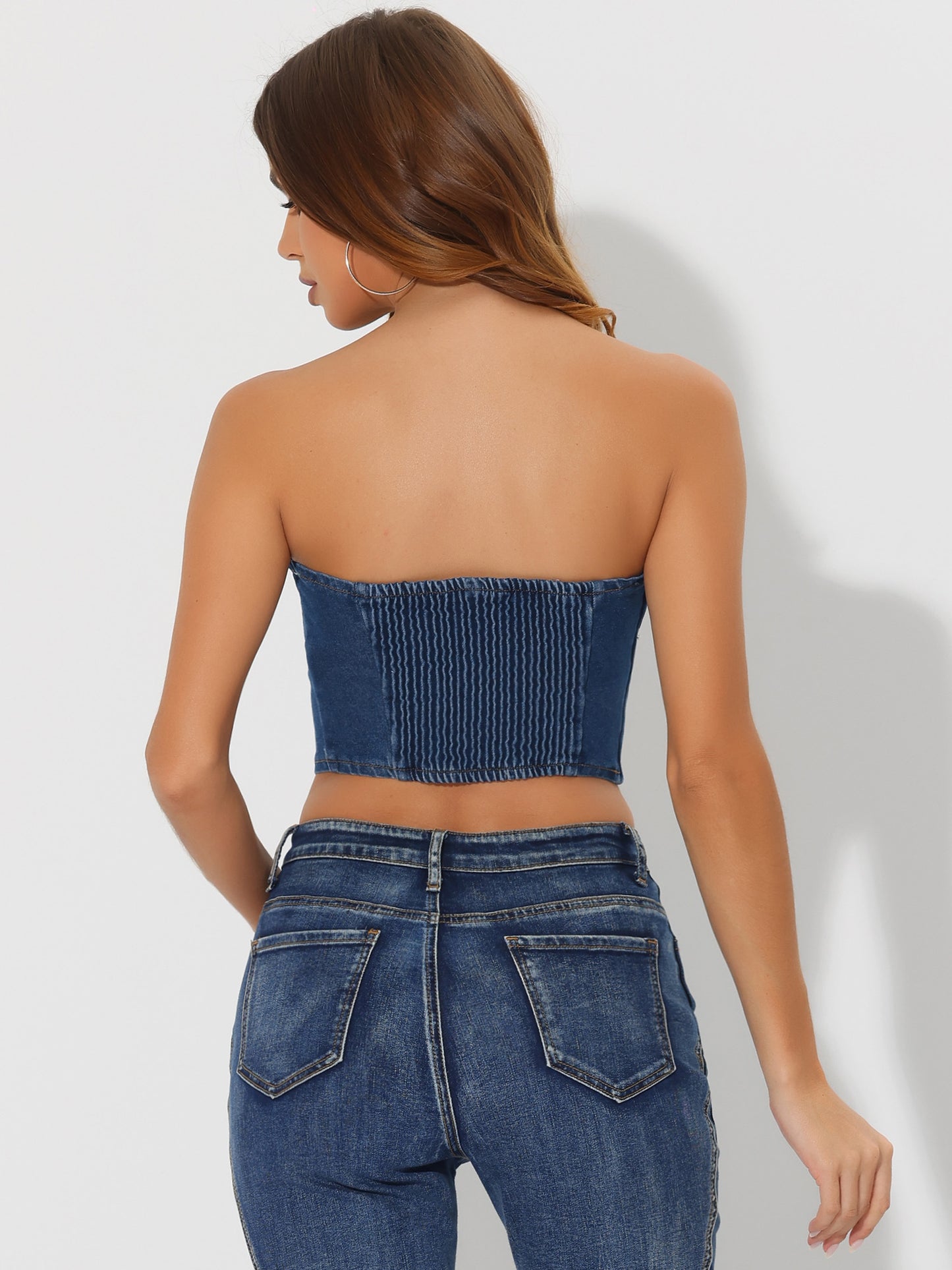 Women's Denim Button Front Smock Back Tank Cami Strapless Crop Top