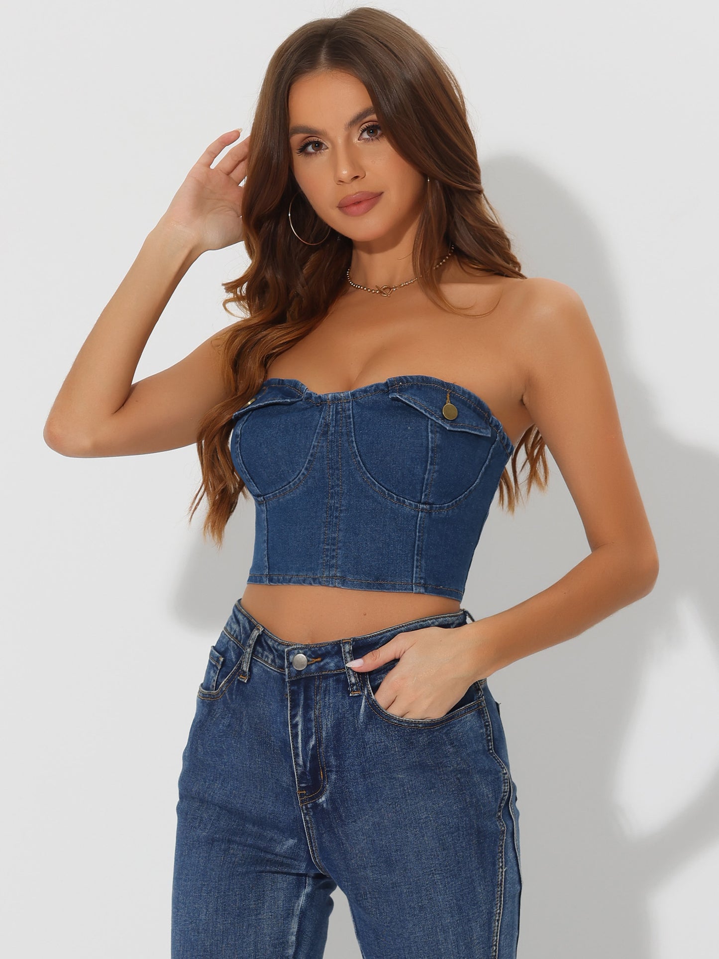 Women's Denim Button Front Smock Back Tank Cami Strapless Crop Top