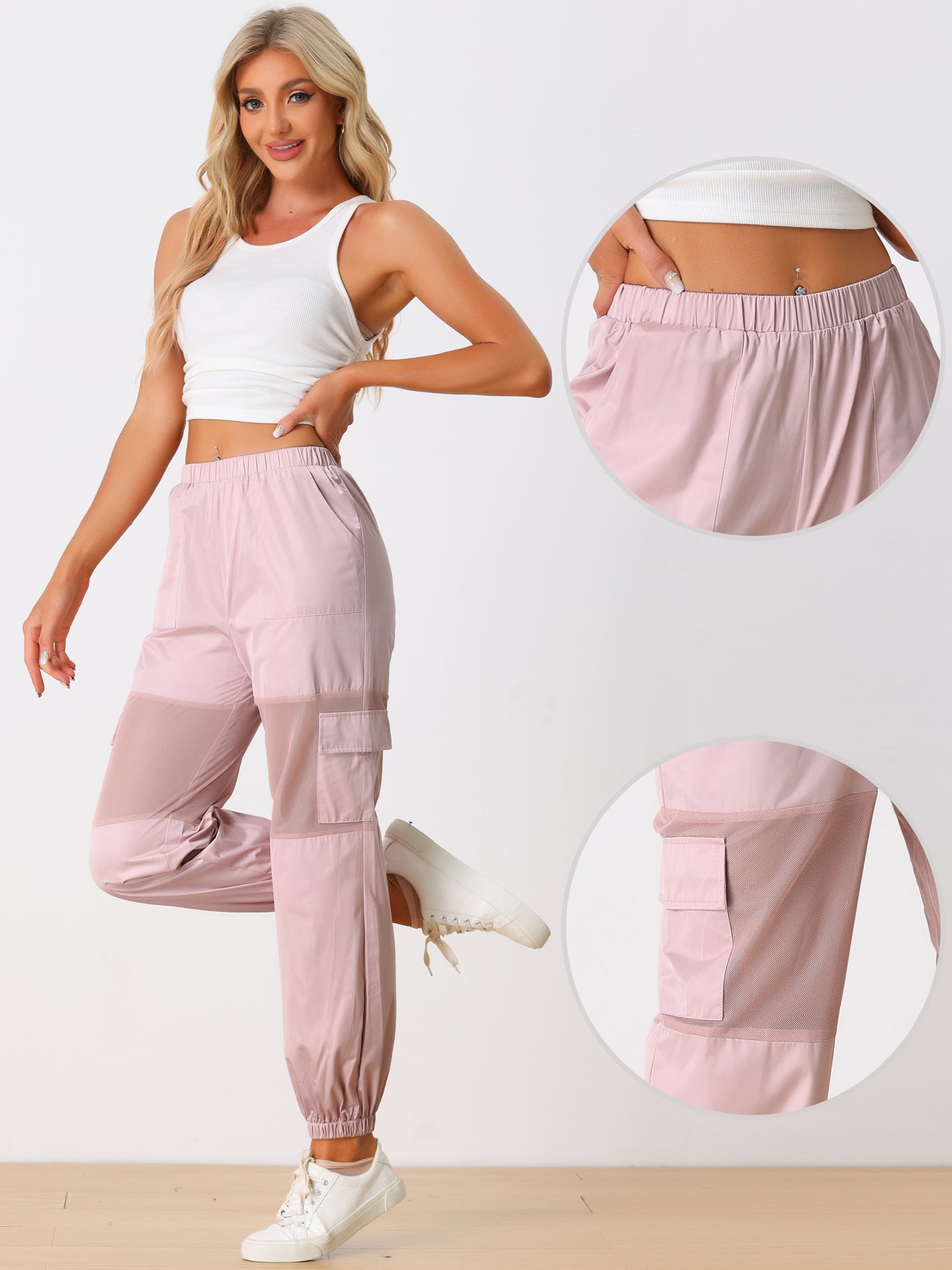 Women's Cargo Pant High Waist Sports Elastic Mesh Panel Sheer Baggy Pants