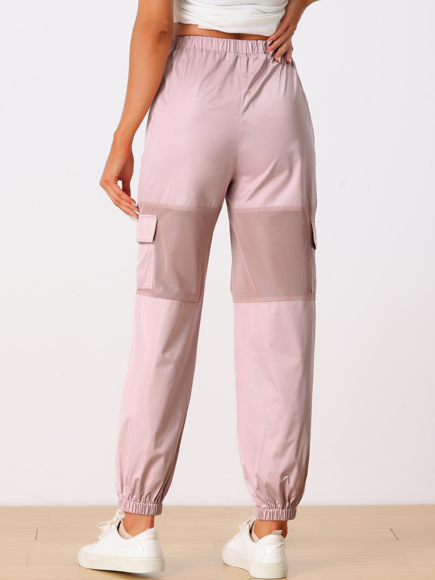Women's Cargo Pant High Waist Sports Elastic Mesh Panel Sheer Baggy Pants