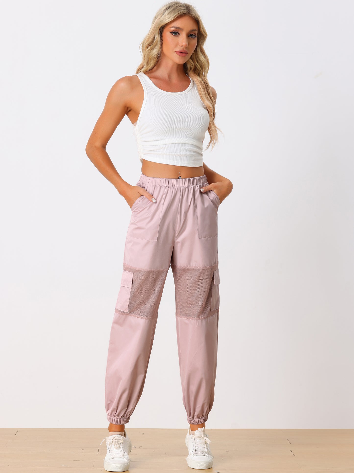 Women's Cargo Pant High Waist Sports Elastic Mesh Panel Sheer Baggy Pants