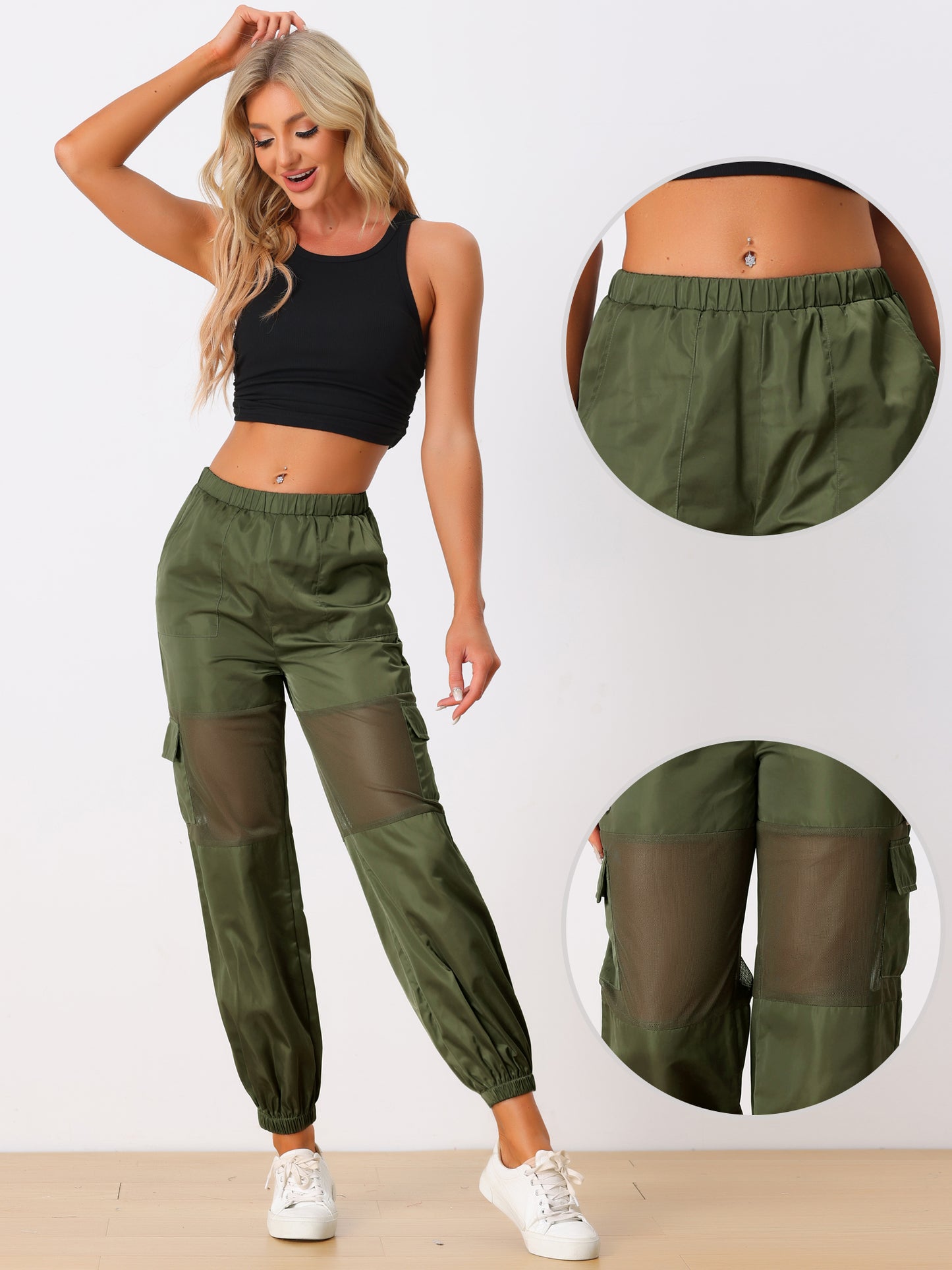 Women's Cargo Pant High Waist Sports Elastic Mesh Panel Sheer Baggy Pants