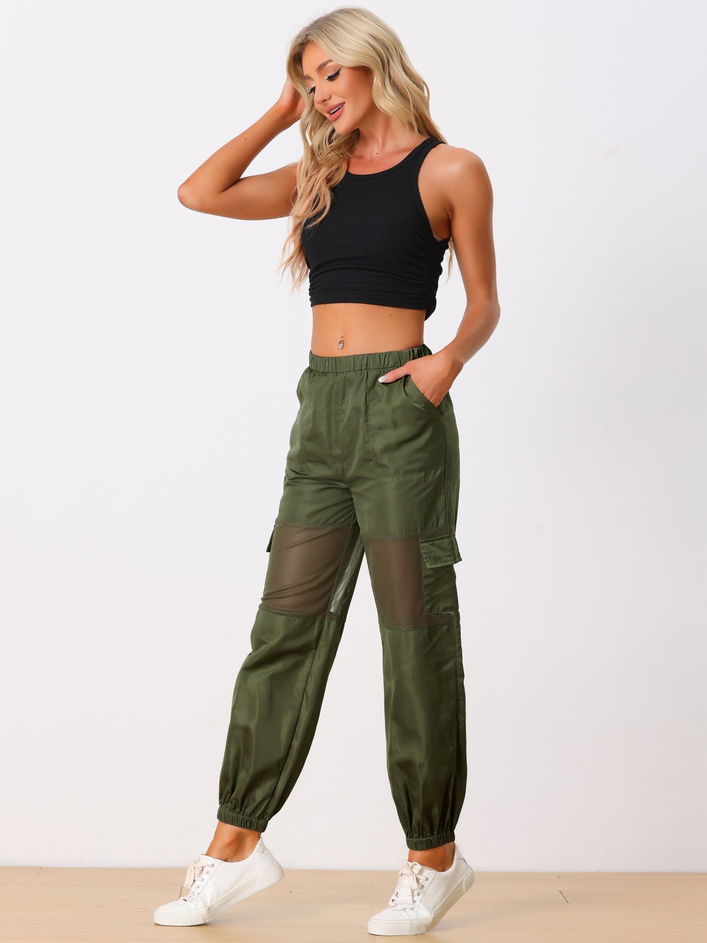 Women's Cargo Pant High Waist Sports Elastic Mesh Panel Sheer Baggy Pants