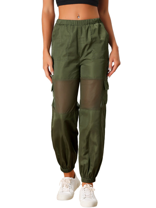 Women's Cargo Pant High Waist Sports Elastic Mesh Panel Sheer Baggy Pants