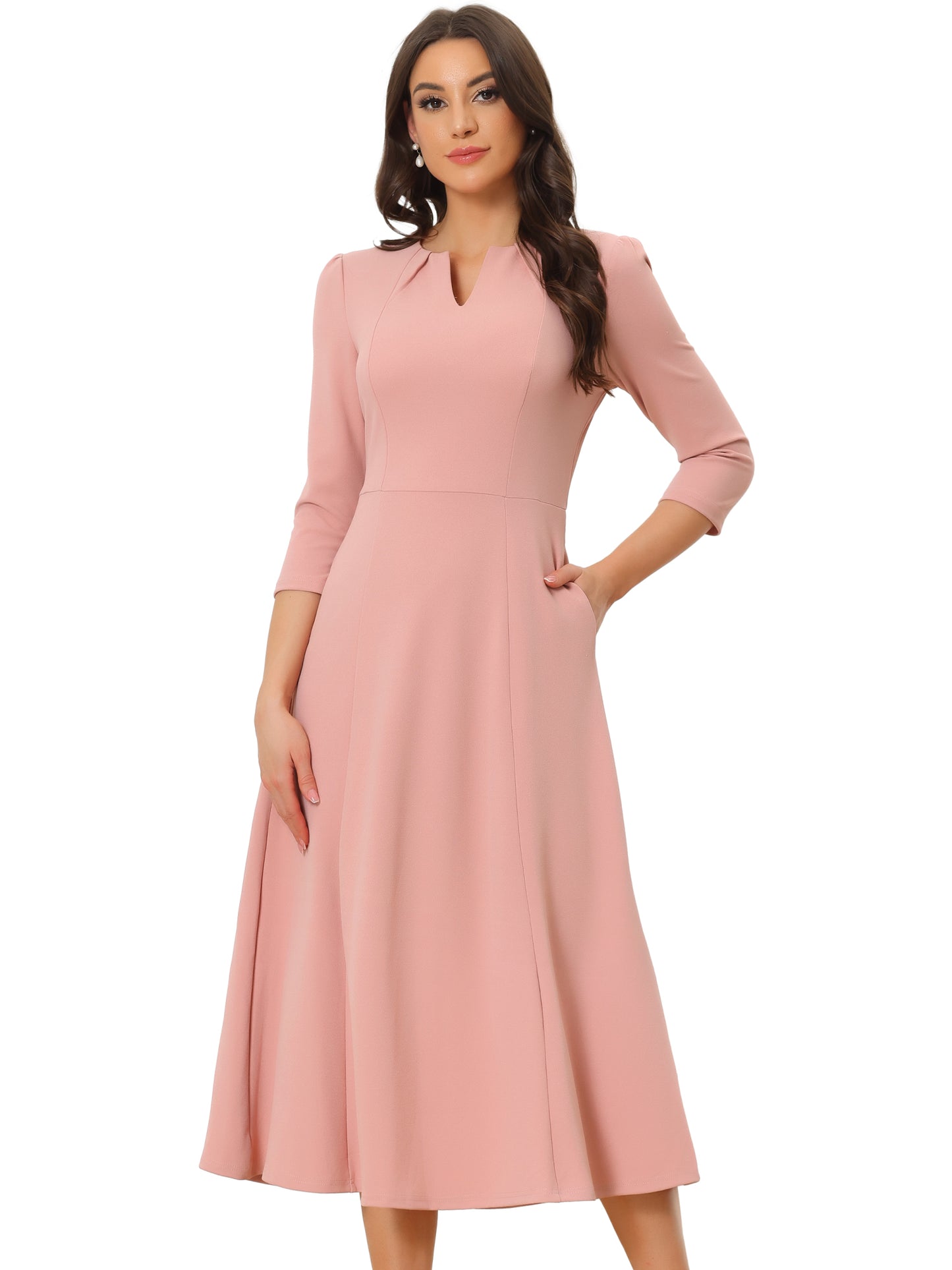 Women's 3/4 Sleeve Dresses V Neck Pockets Elegant Work Business Spring Fall A-Line Midi Dress (Available in Plus Size)