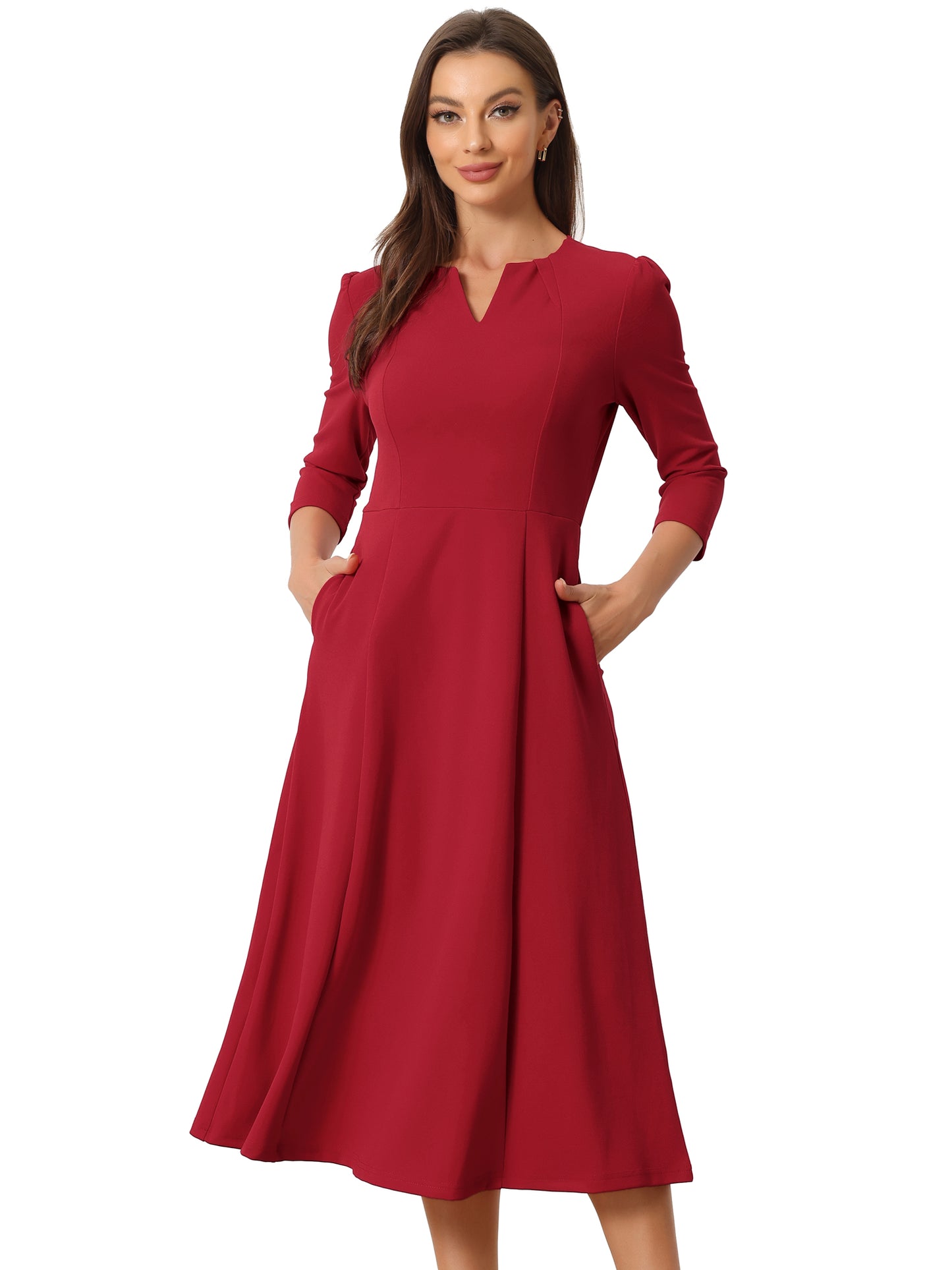 Women's 3/4 Sleeve Dresses V Neck Pockets Elegant Work Business Spring Fall A-Line Midi Dress (Available in Plus Size)