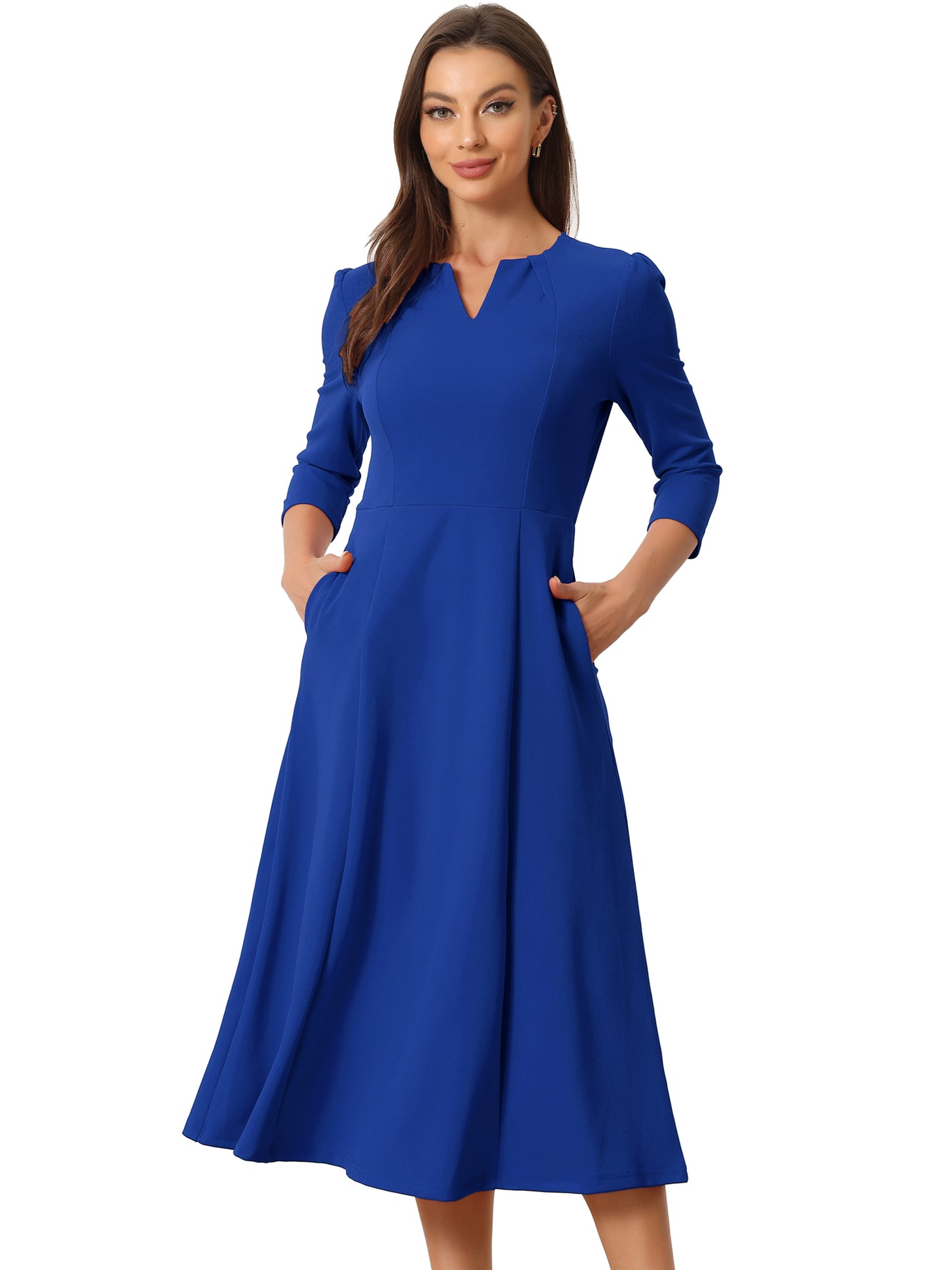 Women's 3/4 Sleeve Dresses V Neck Pockets Elegant Work Business Spring Fall A-Line Midi Dress (Available in Plus Size)