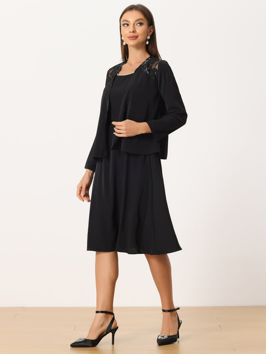 Women Two Piece Formal Dress Lace Shoulder Jacket Dress