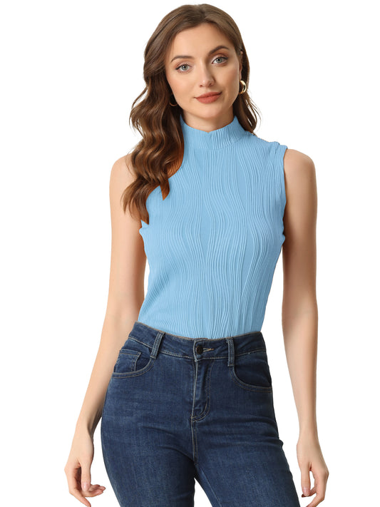 Women's Sleeveless Fitted Top Mock Neck Textured Ribbed Knit Tank Tops